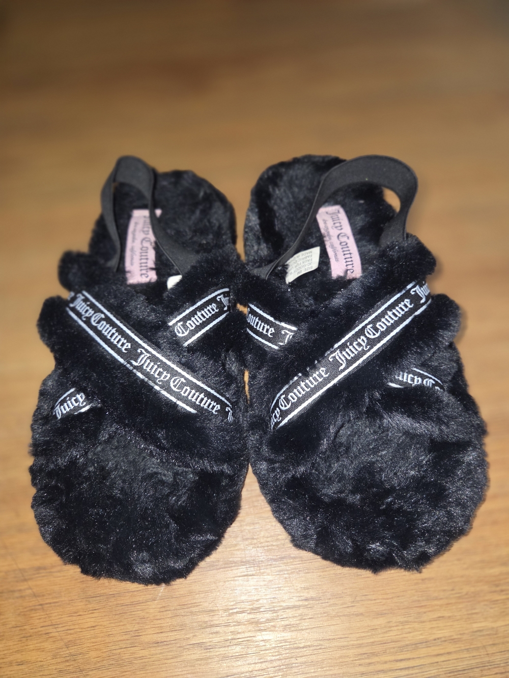 Juicy Couture Black Plush Crisscross Logo Strap Slide Sandals